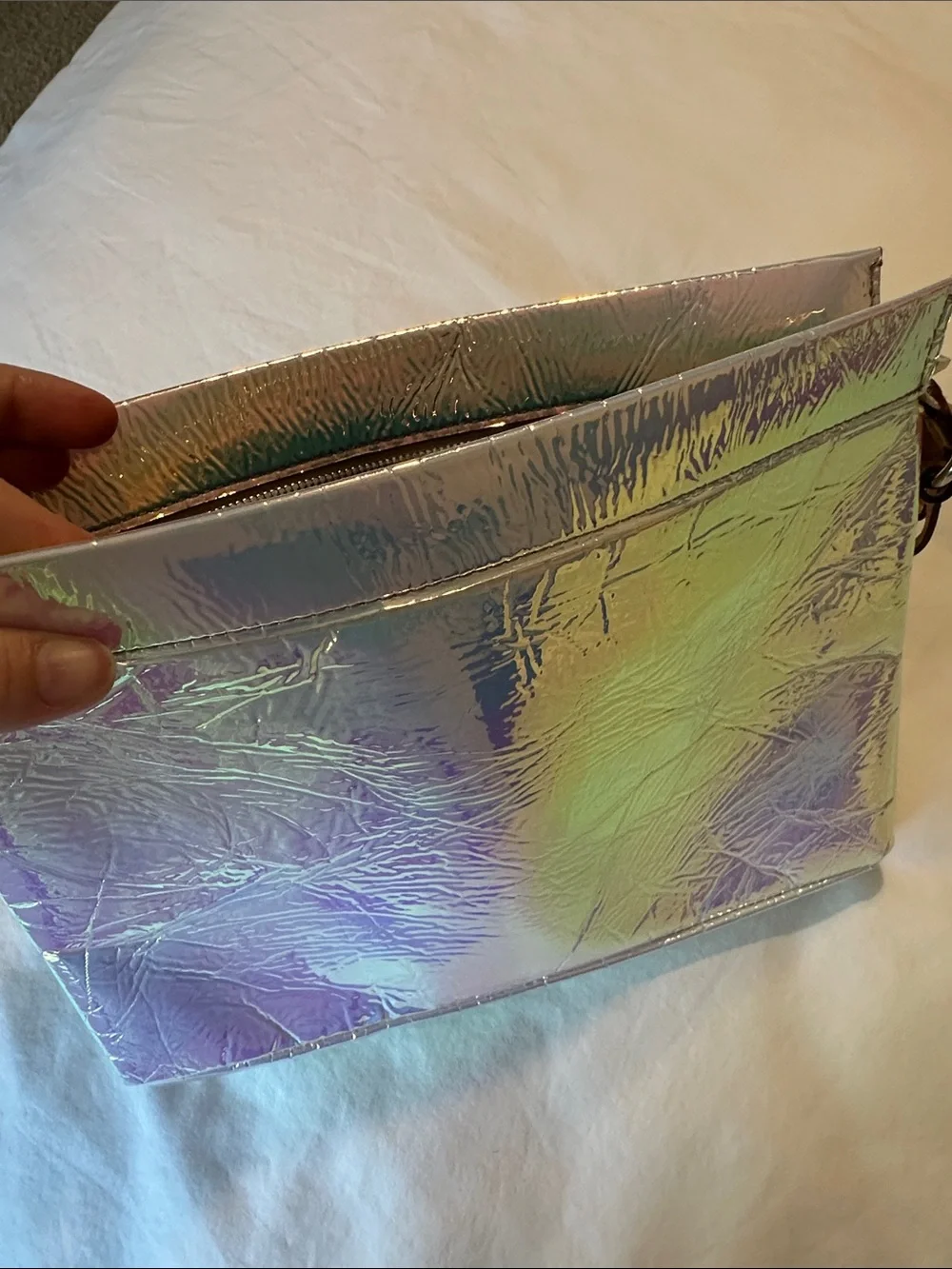 Iridescent JCREW Holographic Clutch Bag with Tassel - Silver/Pink Hues